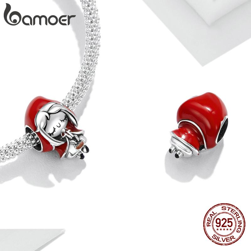 bamoer 925 Silver Fairy Tale Charm Little Red Riding Hood Forest Love Candle House Wolf Charm for Bracelet DIY