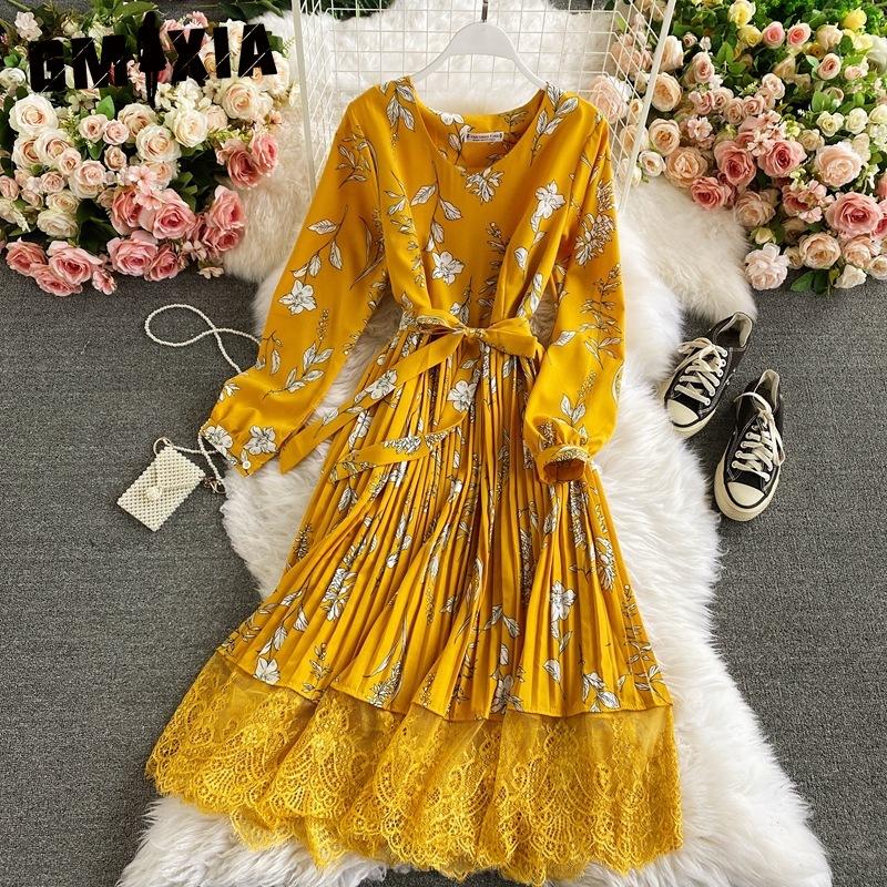 GMXIA 10 Color Retro Floral V-Neck Halter Waist Lace Dress Colored Fashion Long Dresses