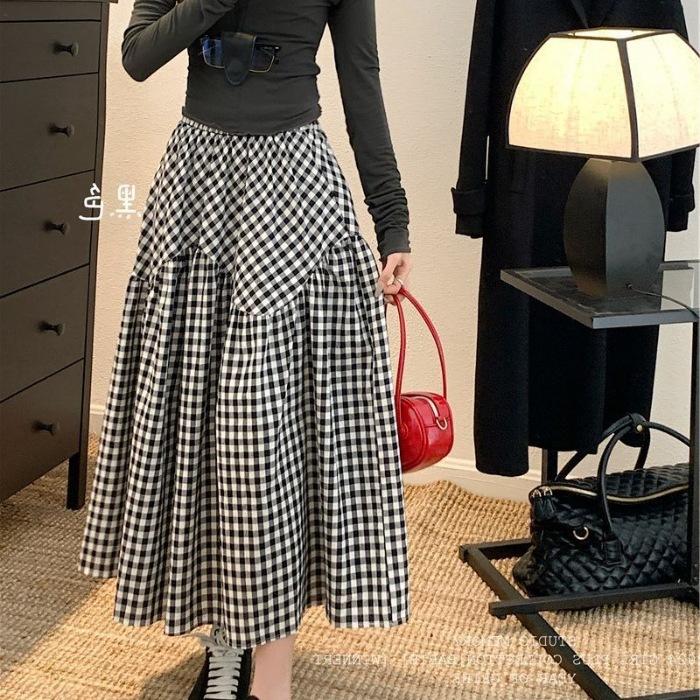 Retro-Karo-High-Waist-Pendel-A-Linien-Rock Damen Neu Vielseitig Dünn Lässig Mittel und Lang