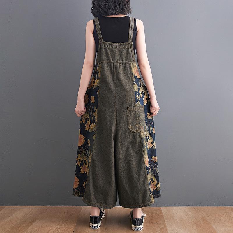 Floral Straps Denim Baggy Bib Pants 