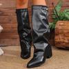 Fashion Fashion Fold Over Knee High Boots for Women Slip On Chunky High Heel Shark Boots Woman Wide Leg PU Leather Long Botas Mujer 2025