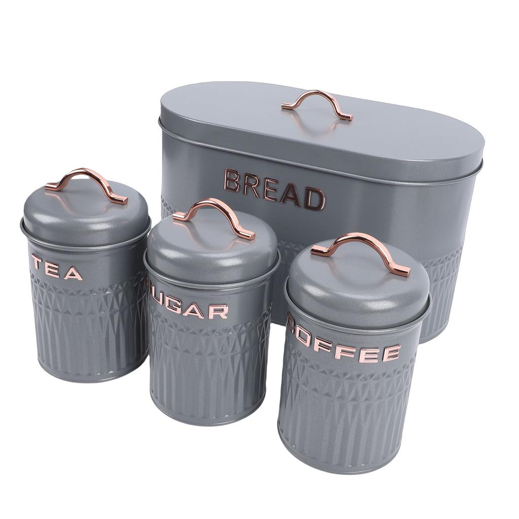 Set da 4 pezzi: Porta pane e barattoli in ferro per cucina, Caffè, Tè, Zucchero, Porta pane in metallo per piano di lavoro