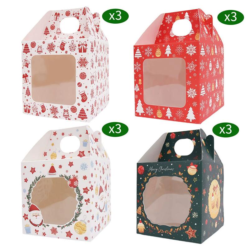 WTEMPO 12PCS 4-Style Christmas Gift Boxes Transparent Window Hand-held Boxes DIY Foldable Christmas Series Patterns Printed Packaging Boxes