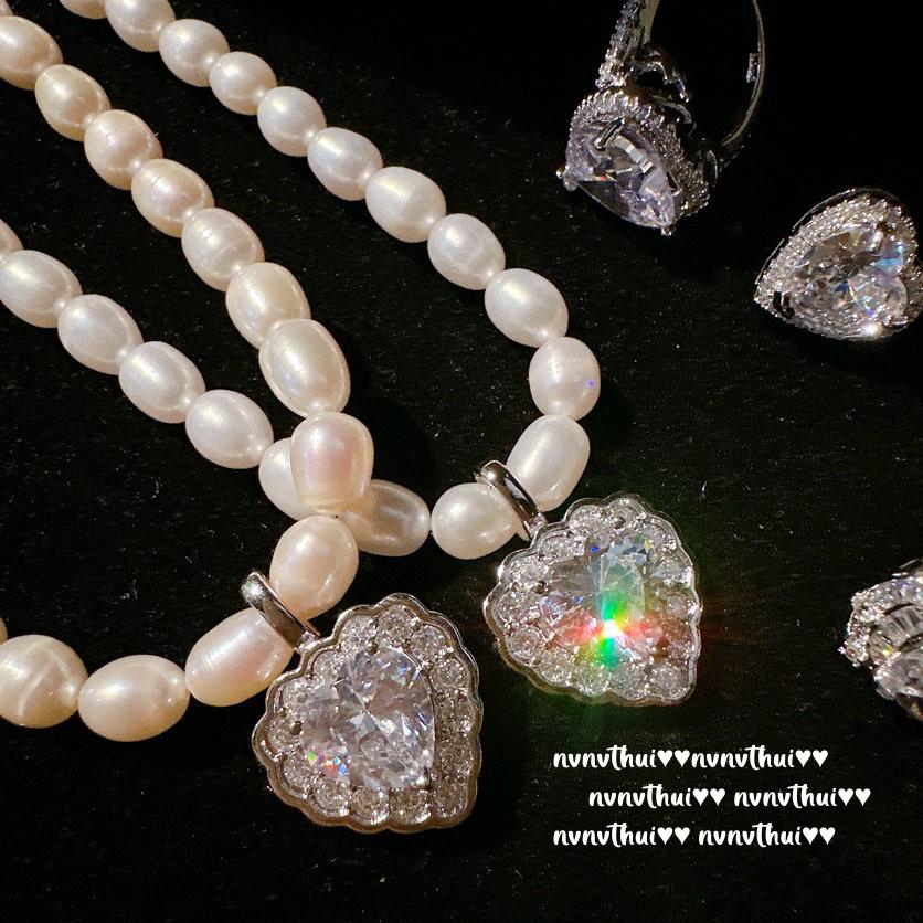 Papalacha Love Gemstone Pearl Necklace, Watery, 18K Gold-Plated Large Carat Love Zircon Ring.