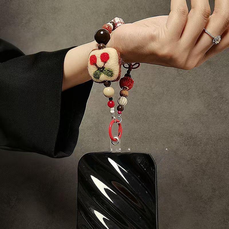 Original Wool Felt Plush Beaded Hand Chain Wrist Short Lanyard Phone Case Car Keychain Bag Pendant Trendy