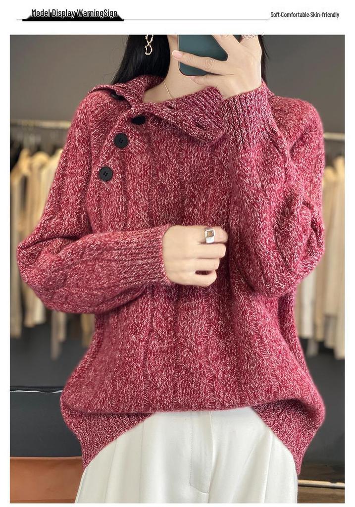 Mengyi 25 Autumn/Winter Women's High Neck Yarn-Dyed Wool Sweater with Side Buttons and Cable Knit Design.