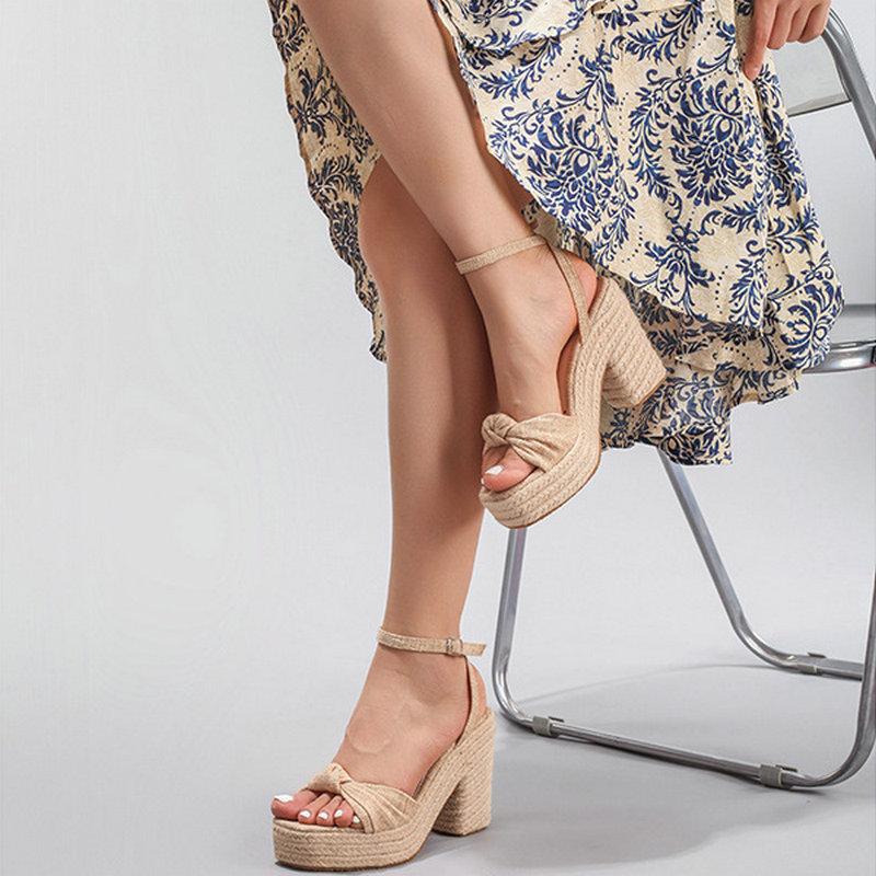 Fashion Hemp Rope Wedge Heel Thick-Soled Sandals With A Knotted One-Strap Summer Casual Vacation Waterproof Platform High Heels