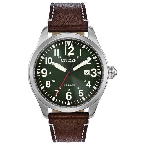 

CITIZEN Eco-Drive Chandler BM6838-09X Men s Military Analog Solar Watch with Green and Brown Leather Strap, Overseas Model