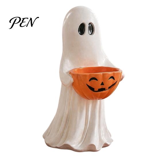 Trick or Treat Dessert Holder Resin Ghost Statue with Pumpkin Candy Bowl, Cute Figurine, Multi Functional Storage Figure for Front Porch Yard