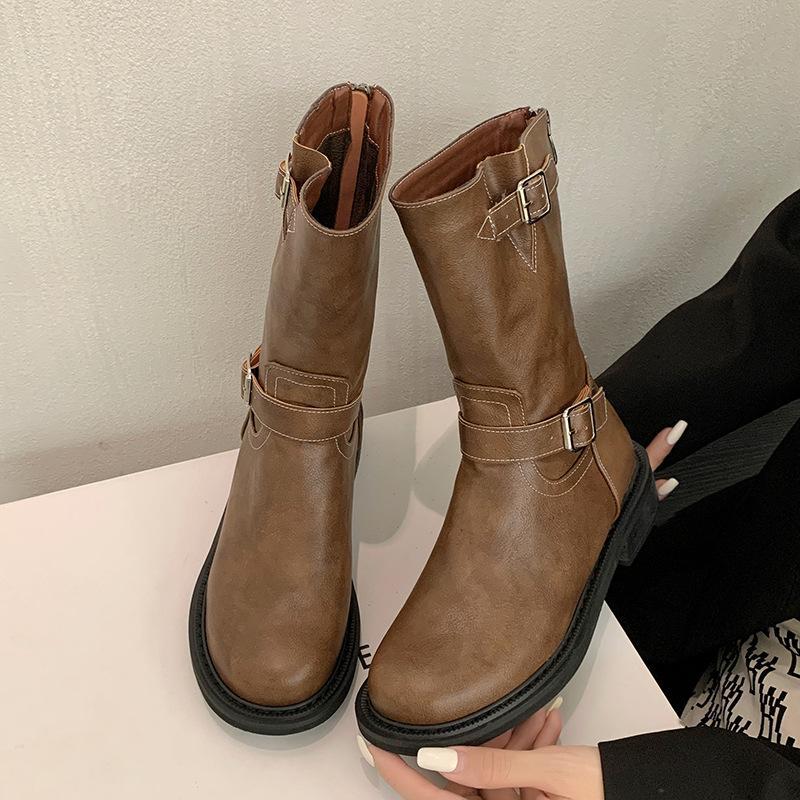 Hongtong Free and Easy Spice Girls~ Coarse Heel Fashion Boots Women's 2025 Autumn Maillard Wind Mid-tube Western Boots Martin Boots Women