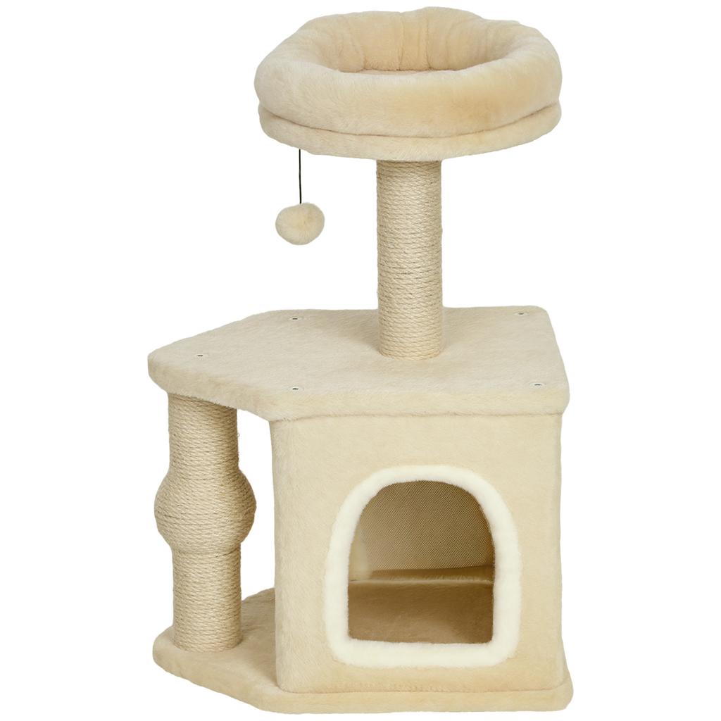 Cat Tree 66 cm Height Cat Tower with Bed Cave Platform Hanging Ball and Jute Post Beige