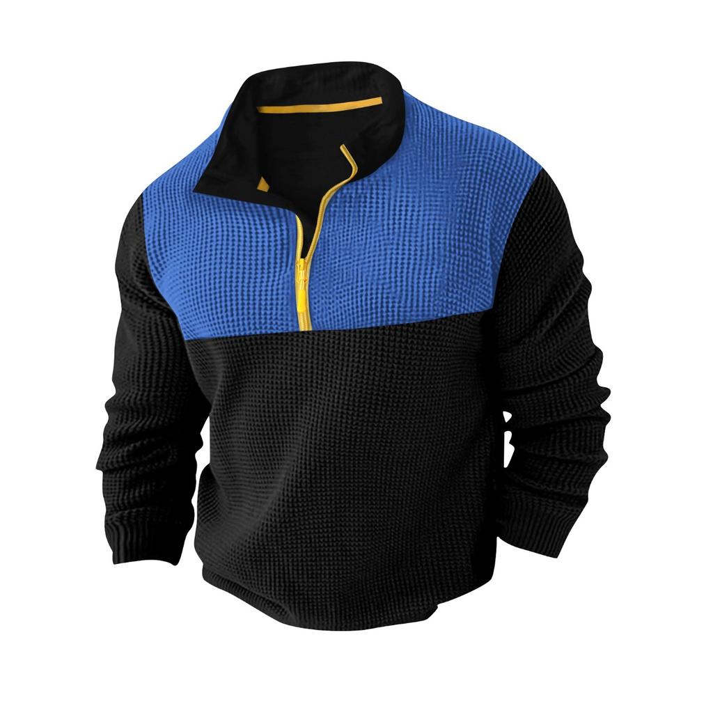 Spring and Autumn Leisure Sports Long Sleeve High Collar Top Color Blocking Half - Zip Waffle Knit Pullover Men’s T-Shirts