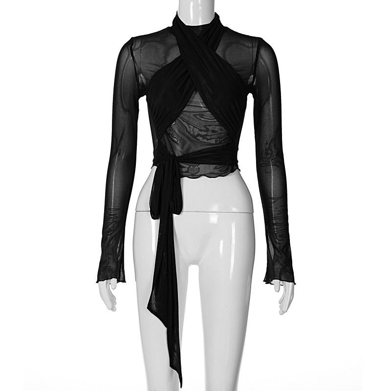 Modă Primăvara 2025 Guler înalt din plasă Mânecă lungă Roșu Drapaj Bandaj Sexy Transparent Tricou Crop Top Streetwear Club