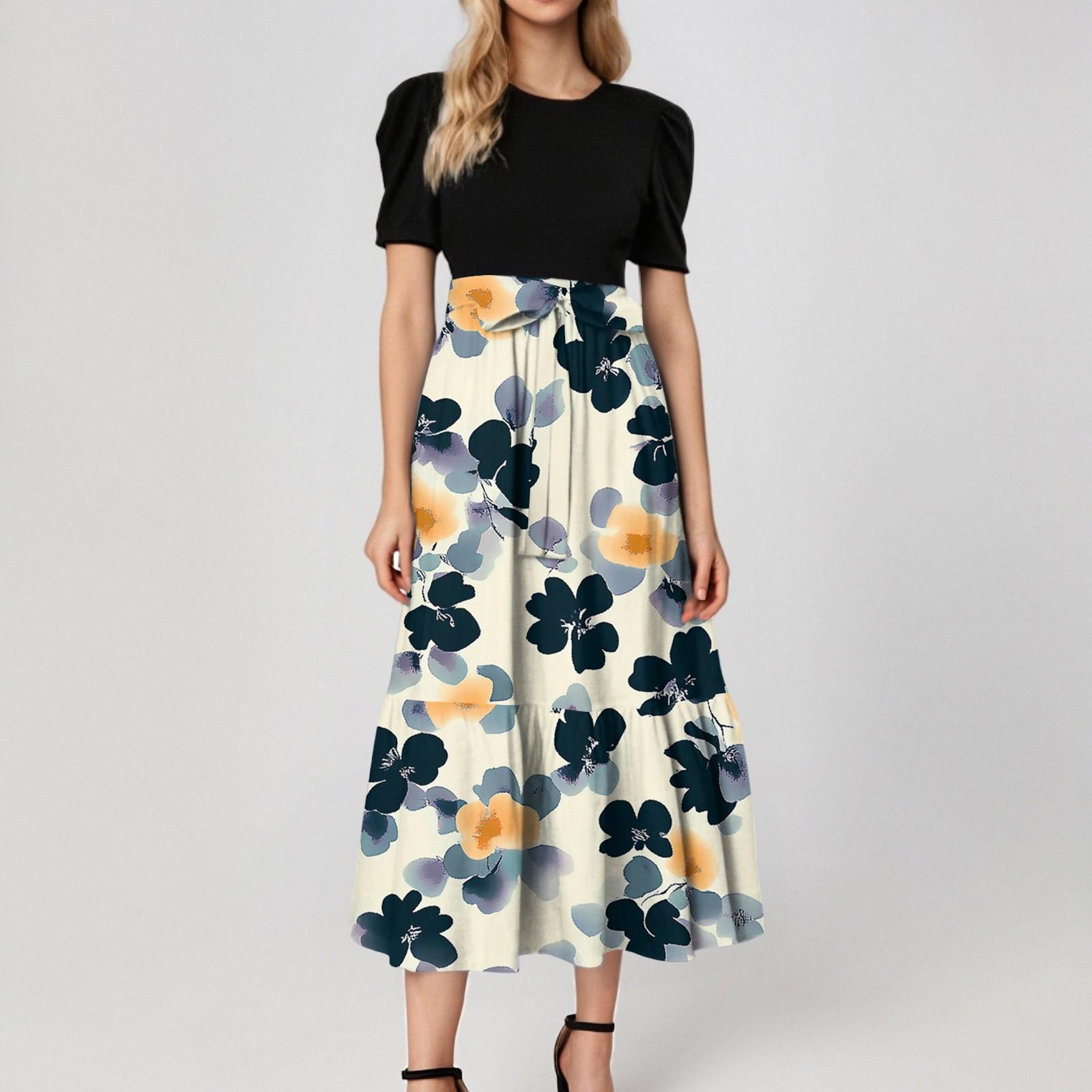 

Женское модное повседневное платье с коротким рукавом и круглым вырезом с цветочной вышивкой, элегантное, темпераментное L тёмно-синий