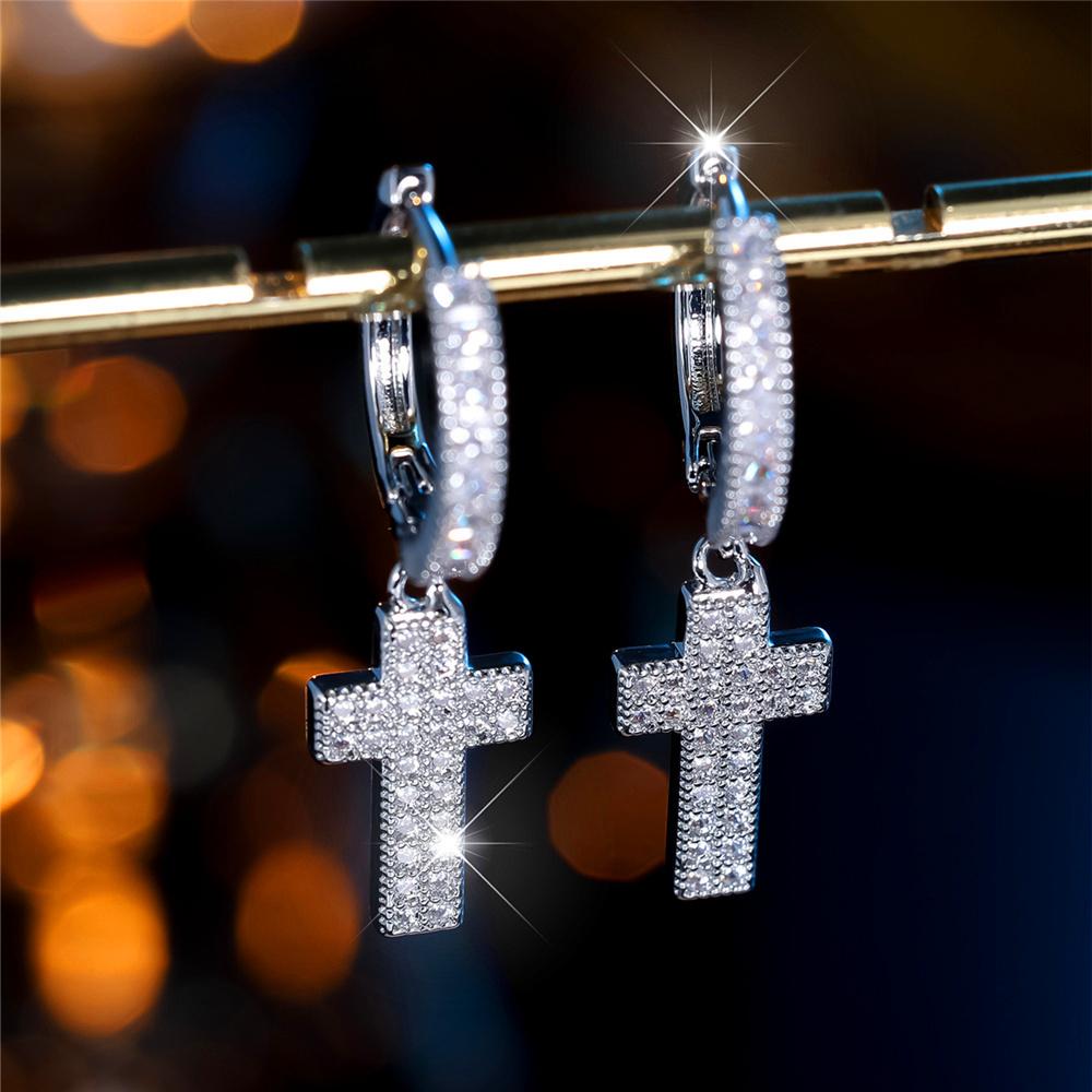 Charm Female Small White Round Zircon Cross Hoop Earrings Vintage Silver Color Simple Wedding  For Women