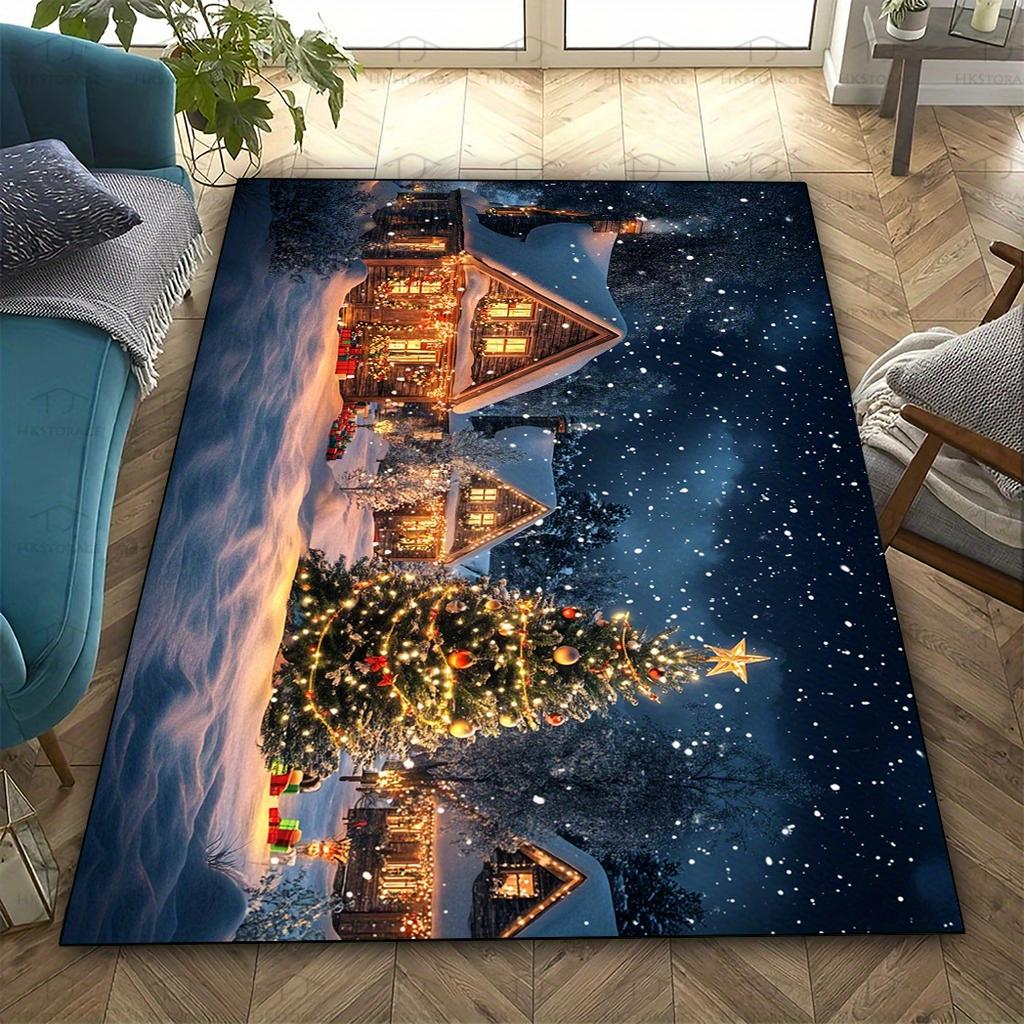 Christmas Snow Night Carpet Christmas Tree Snow Scene Cottage Living Room Bedroom Holiday Decorations
