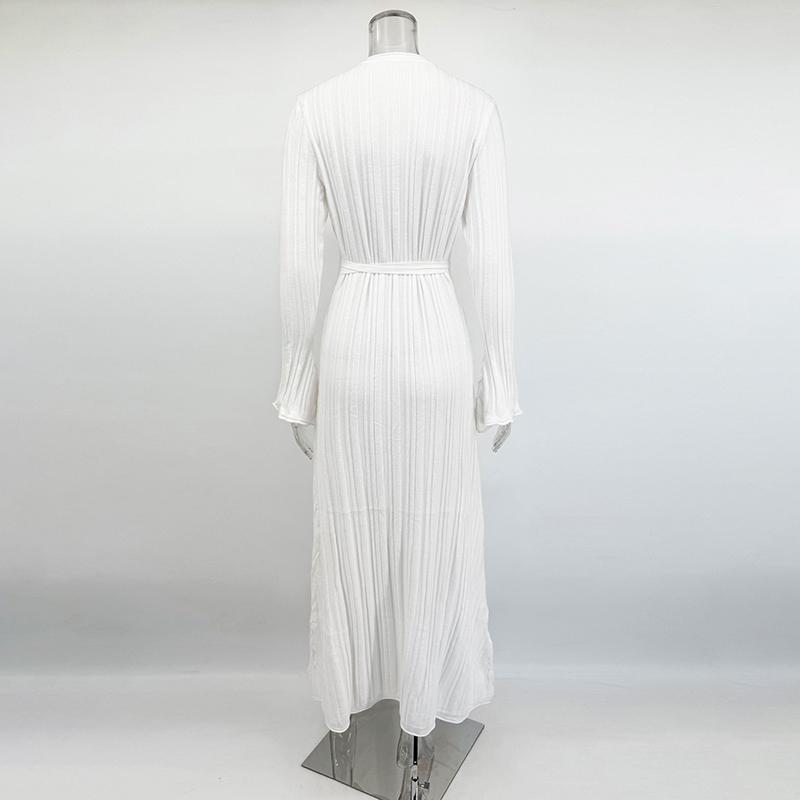 White Knitted Long Dress Women 2026 Spring New Long Sleeve Bandage Loose Casual Dress Streetwear Womens Vestidos