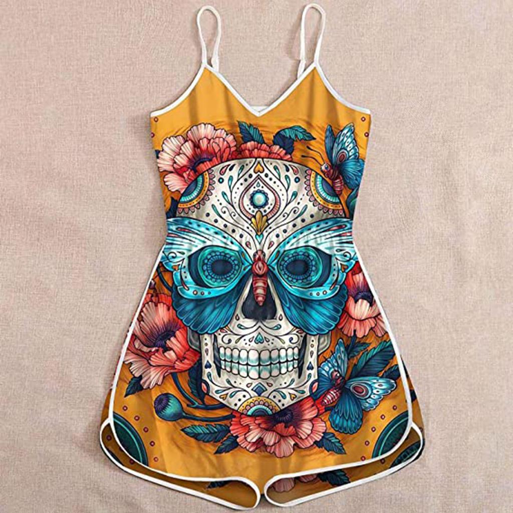Wish Halloween print lady skull suspender jumpsuit