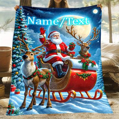 [1pc Christmas Throw Blanket] Soft Custom 1pc Christmas Santa Claus Reindeer Sleigh Snowy Scene Flannel Throw Blanket | 3D Digit