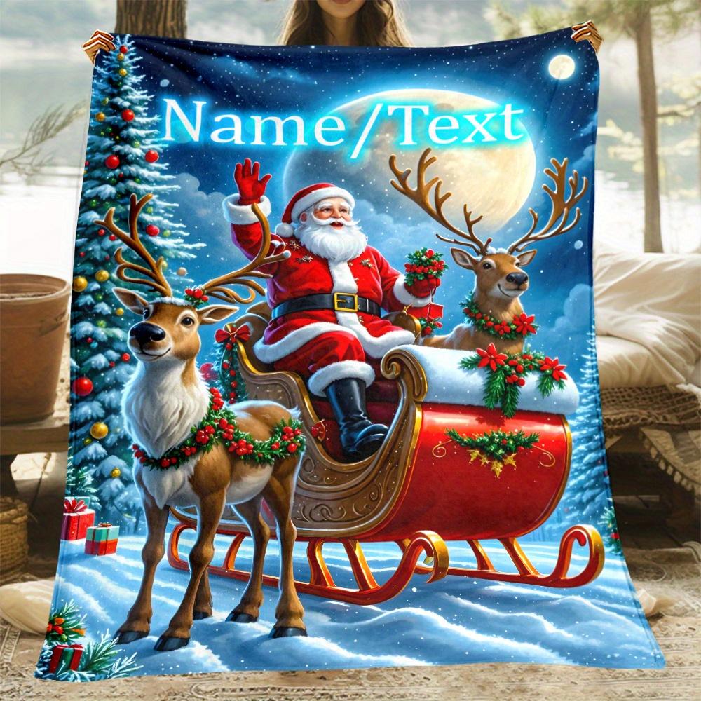 [1pc Christmas Throw Blanket] Soft Custom 1pc Christmas Santa Claus Reindeer Sleigh Snowy Scene Flannel Throw Blanket | 3D Digit 75X95CM