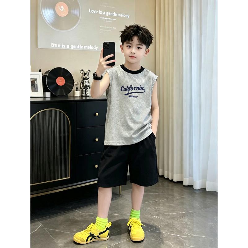 Korean Style Boys' Color Block Cartoon Vest Set - Summer Sleeveless Round Neck Top for Medium and Large Kids