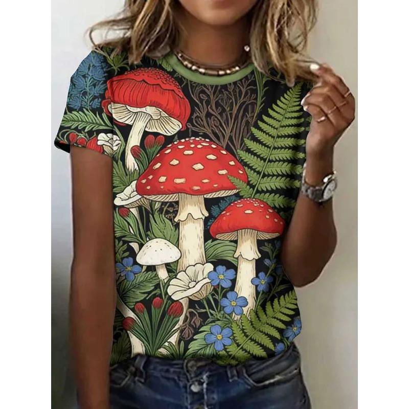 Popular Fashion Forest Series Items! Black Night Red Mushroom 3D Printed Loose Short Sleeve Women's Spring/Summer