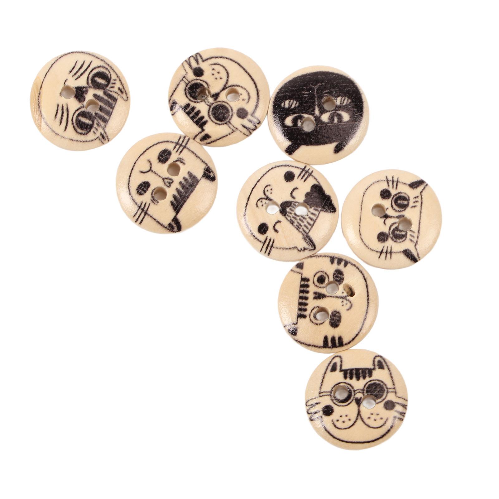 

500pcs Wooden Buttons 2 Holes Round Decorative Cartoon Cat Print Assorted Wood Buttons for Kids