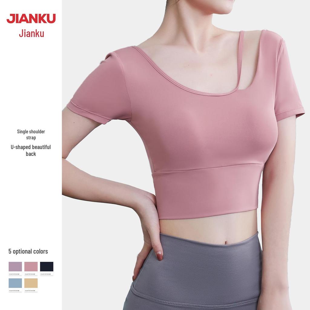 Summer Women's Quick-Dry Yoga Crop Top with Chest Pads - Short Sleeve Fitness Shirt