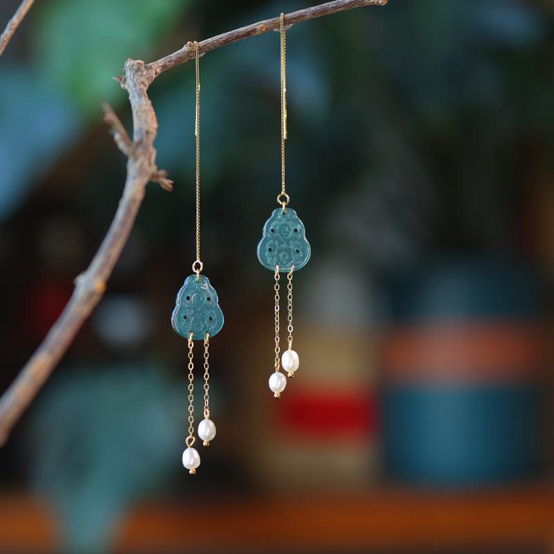 A-Grade Natural Jade Gourd Tassel Stud Earrings with 925 Silver, Gold-Plated, and Pearl Accents