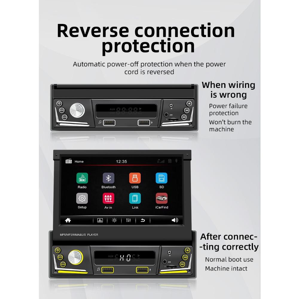 1 Din Autoradio Elektrisch versenkbarer Bildschirm Autoradio Universal Multimedia MP5 Player 7 Lichter Kabelgebundenes Carplay Bluetooth Auto Stereo