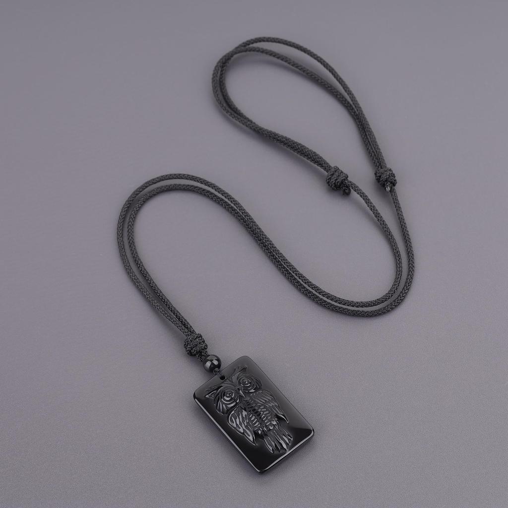 Lucky Bird Obsidian Power Stone Plate Necklace for Protection and Good Unisex [KOAI] "Owl" Hand-Carved Luck,