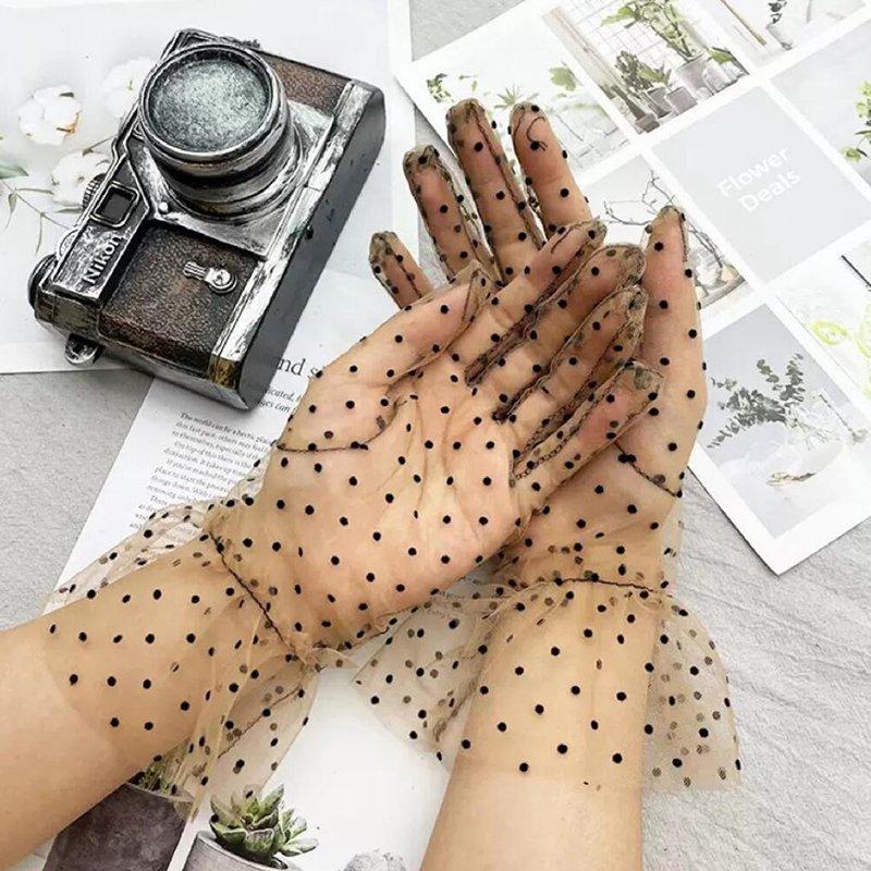 1 Pair Lace Gloves Fashion Autumn Summer Women Short Tulle Stretchy Lotus Leaf Sheers Flexible Mesh Gloves Full Finger