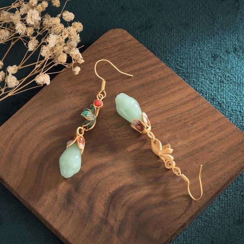 Vintage Chinoiserie Silver Earrings with Flower Jade