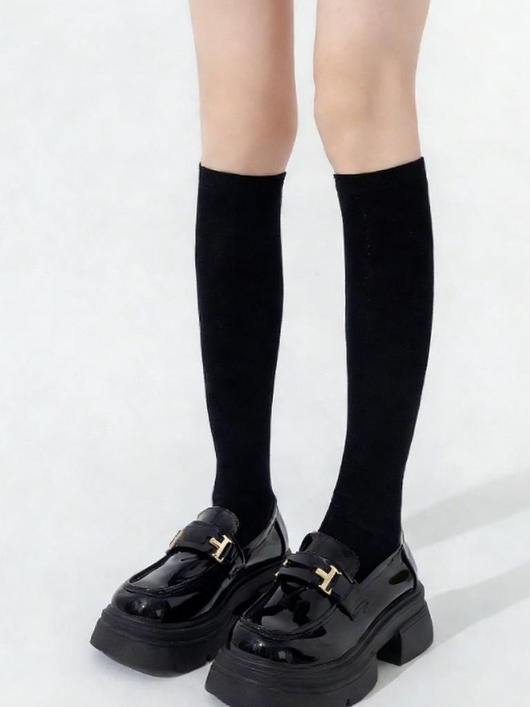 1 Pc Classic Black Velvet Calf Socks, Durable Breathable Hosiery Ideal For Jk Uniforms & Loafer Matching
