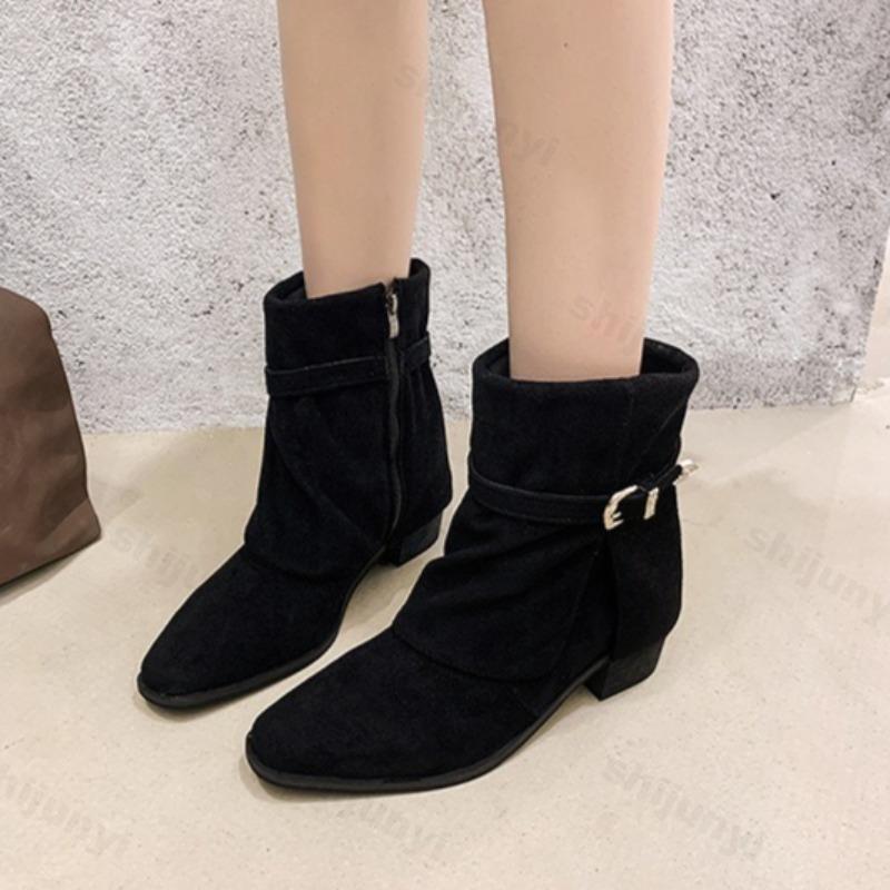 Women Boots Retro Pleated Round Toe Chunky Heel Boot 2026 New Autumn Winter Short Boots Khaki Velvet Surface Fashion Ankle Boots