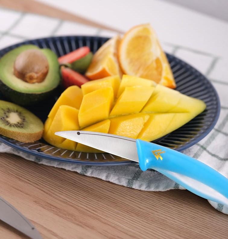 Delfinförmiges Obstmesser mit Sicherheitsscheide Weicher ergonomischer Griff 5Cr15 Stahlklinge für Äpfel Tomaten und Küchenwerkzeuge