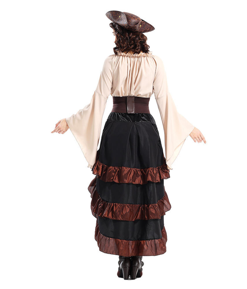 Cadılar Bayramı Korsan Cosplay Kostüm Seti Ortaçağ Vintage Avrupa Kenarlı Üçgen Şapka Bağcıklı Korsaj Üst Midi Etek Denizci Takımı