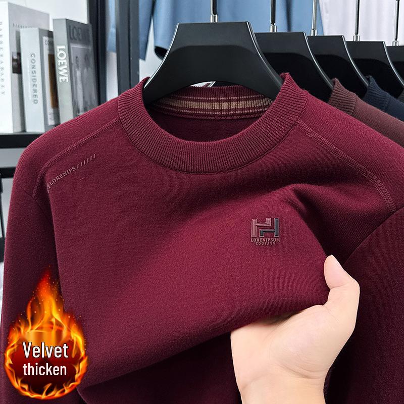 Men's 2025 Pullover Hoodie: Thickened Velvet, Solid Color, Round Neck Knitwear for Middle-Aged and Elderly Men