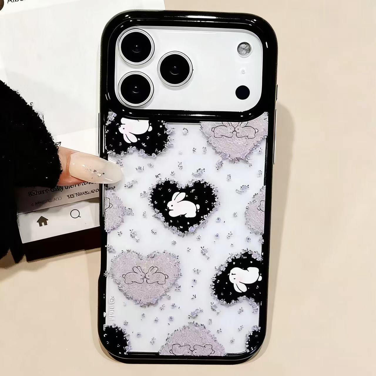 

Purple Floral Bunny Phone Case for Apple 16Pro/17Pro Max, 15/14 with Large Hole, Black Frame, Hard Case iPhone 17 Pro