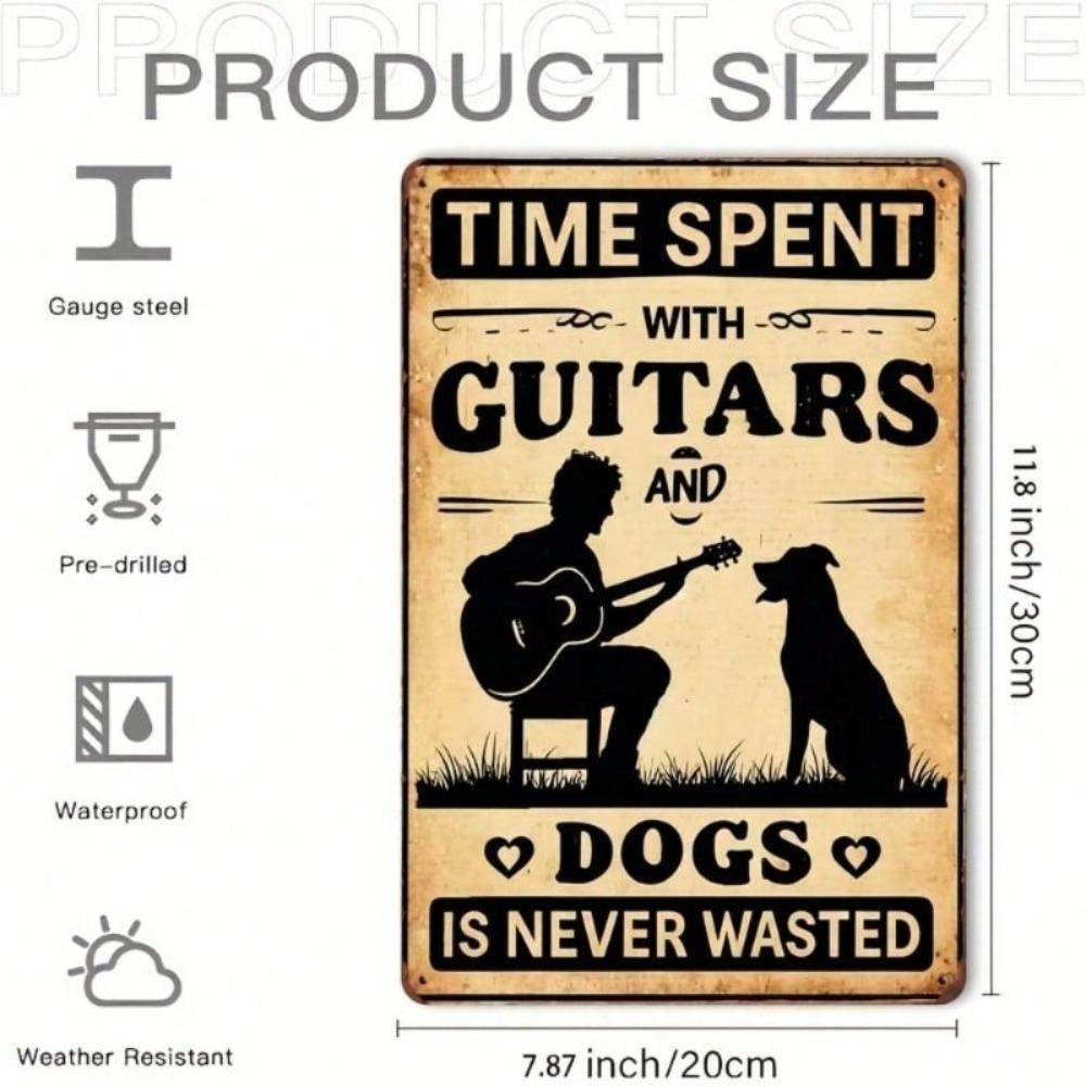 Vintage Guitar and Dog Metal Poster for Musician Gift