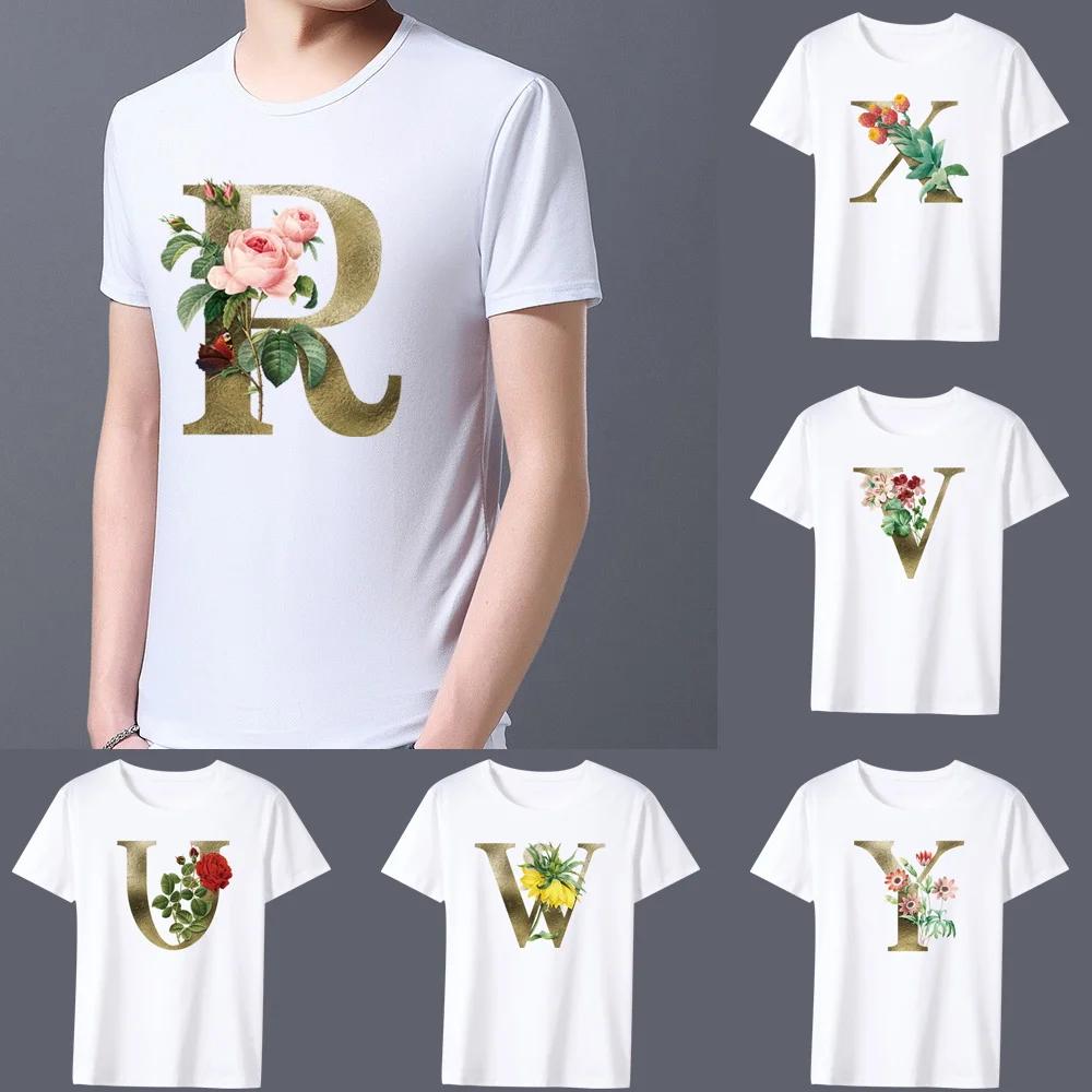 Men's Classic T-shirt Casual O-neck Golden Flower Lettern Printing Pattern Series Commuter All-match Breathable White Shirt