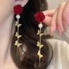 Fashion Atmospheric Red Velvet Bow Earrings Femininity Sweet Flower Long Fringed Versatile Earrings