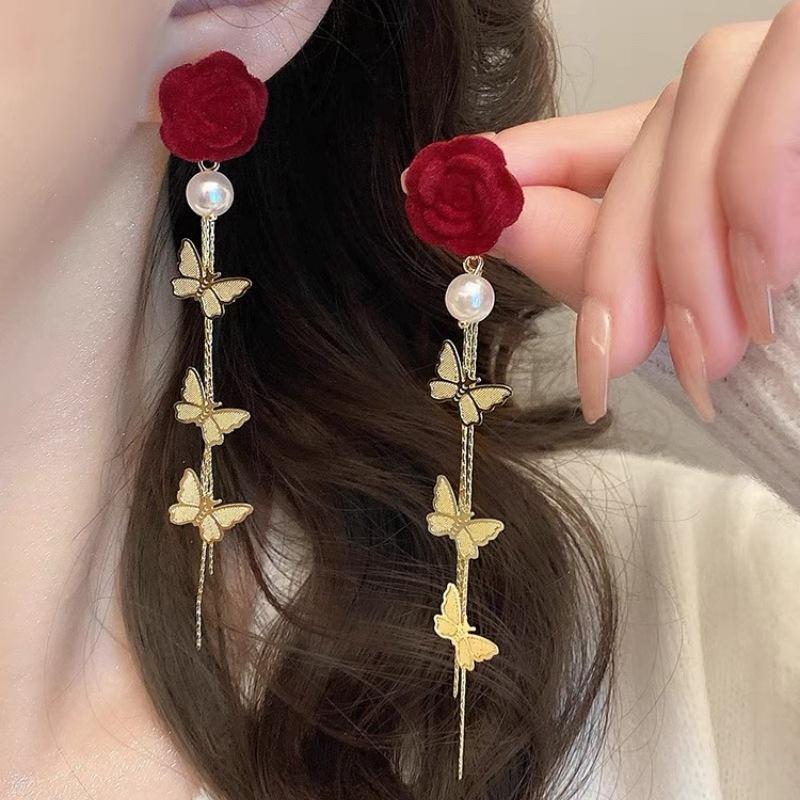 Fashion Atmospheric Red Velvet Bow Earrings Femininity Sweet Flower Long Fringed Versatile Earrings