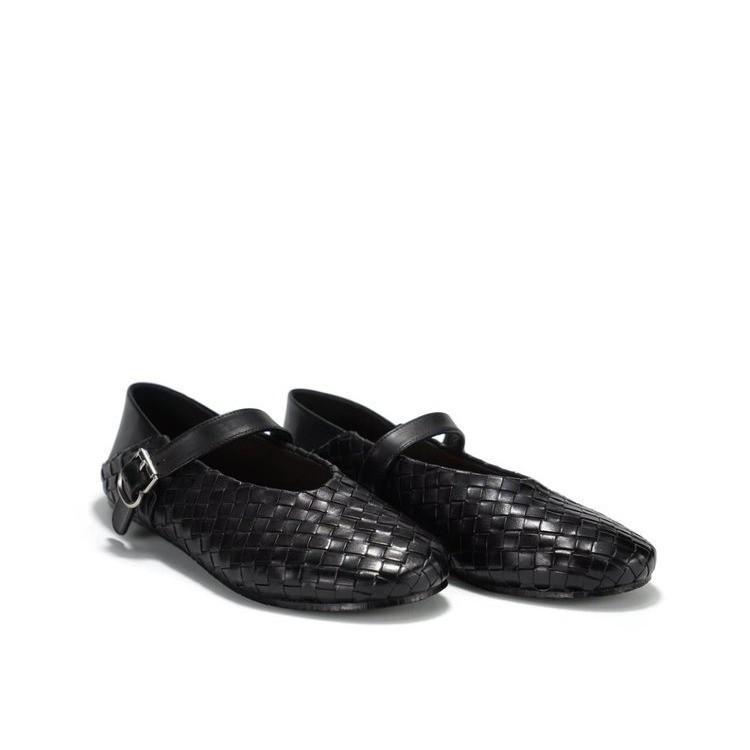 

2025 spring and summer new woven Mary Jane shoes women s shoes low-heeled commuter shoes round head flat bottom shallow mouth single shoes women 40 чёрный