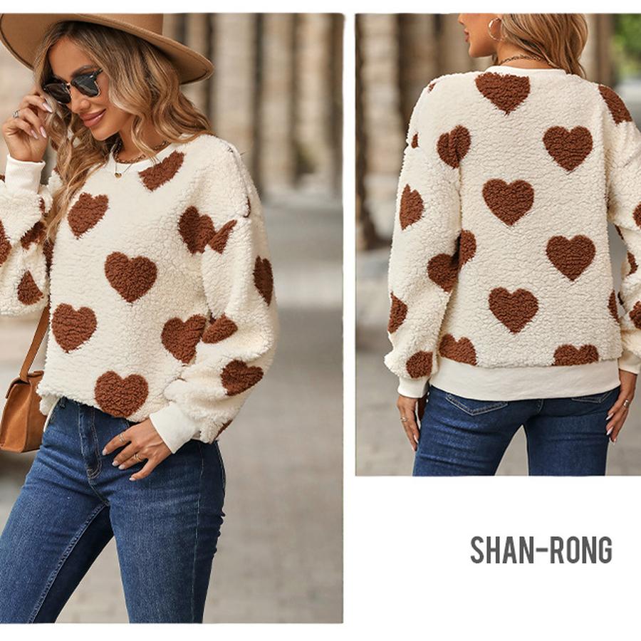 Faux Fur Heart Print Loose Long Sleeve Crew Neck Sweatshirt for Women