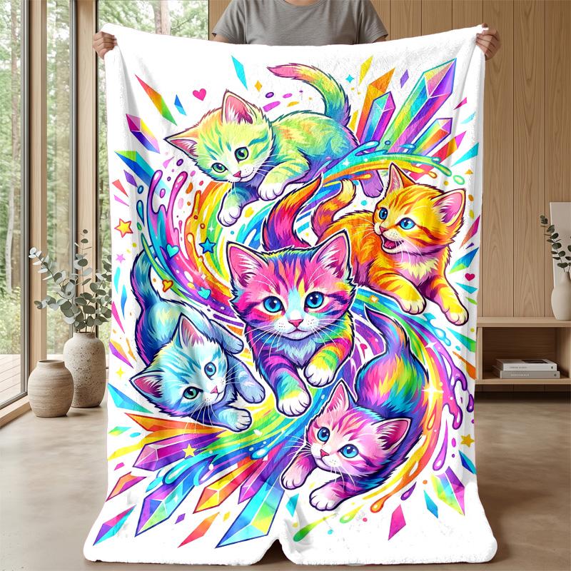 Rainbow Kitten Fantasy Theme Blanket Lightweight Warm Flannel Blanket Decorative Throw Blanket for Home Decoration