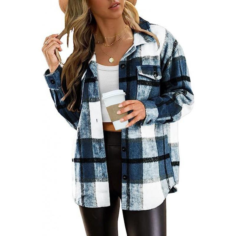Women's Black White Brown Checkered Long Sleeve Button Down Shirt