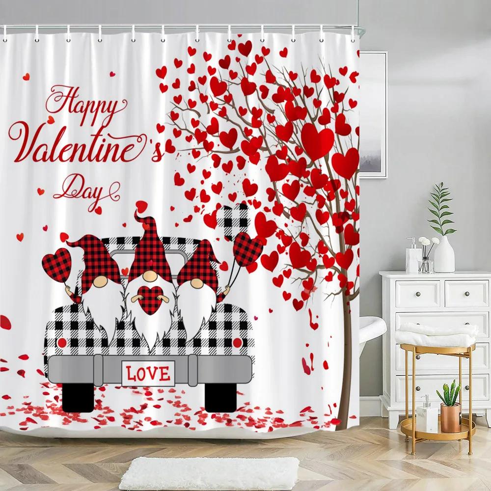 Valentine's Day Shower Curtain Love Tree with Elf Truck Romantic Pink Swing Balloon Love Polyester Printed Fabric Bathroom Decor