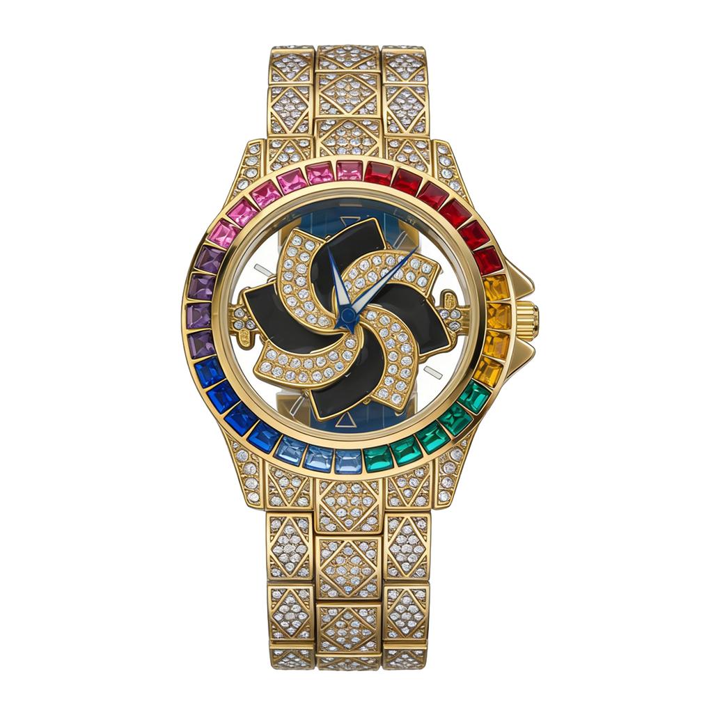 Orologio al Quarzo di Lusso con Quadrante Rotante Acciaio Inossidabile Cinturino Pavimentato con Cristalli Lucidi Elegante Orologio da Polso per Feste e Uso Quotidiano