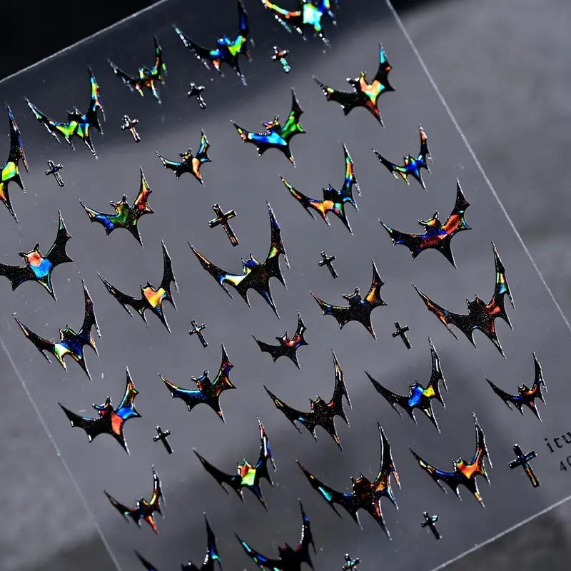 

Dazzling Laser Gothic Style Halloween Dark Bat Cross Adhesive Nail Art Stickers Decals Manicure Shiny Red Silver Black Charms чорний
